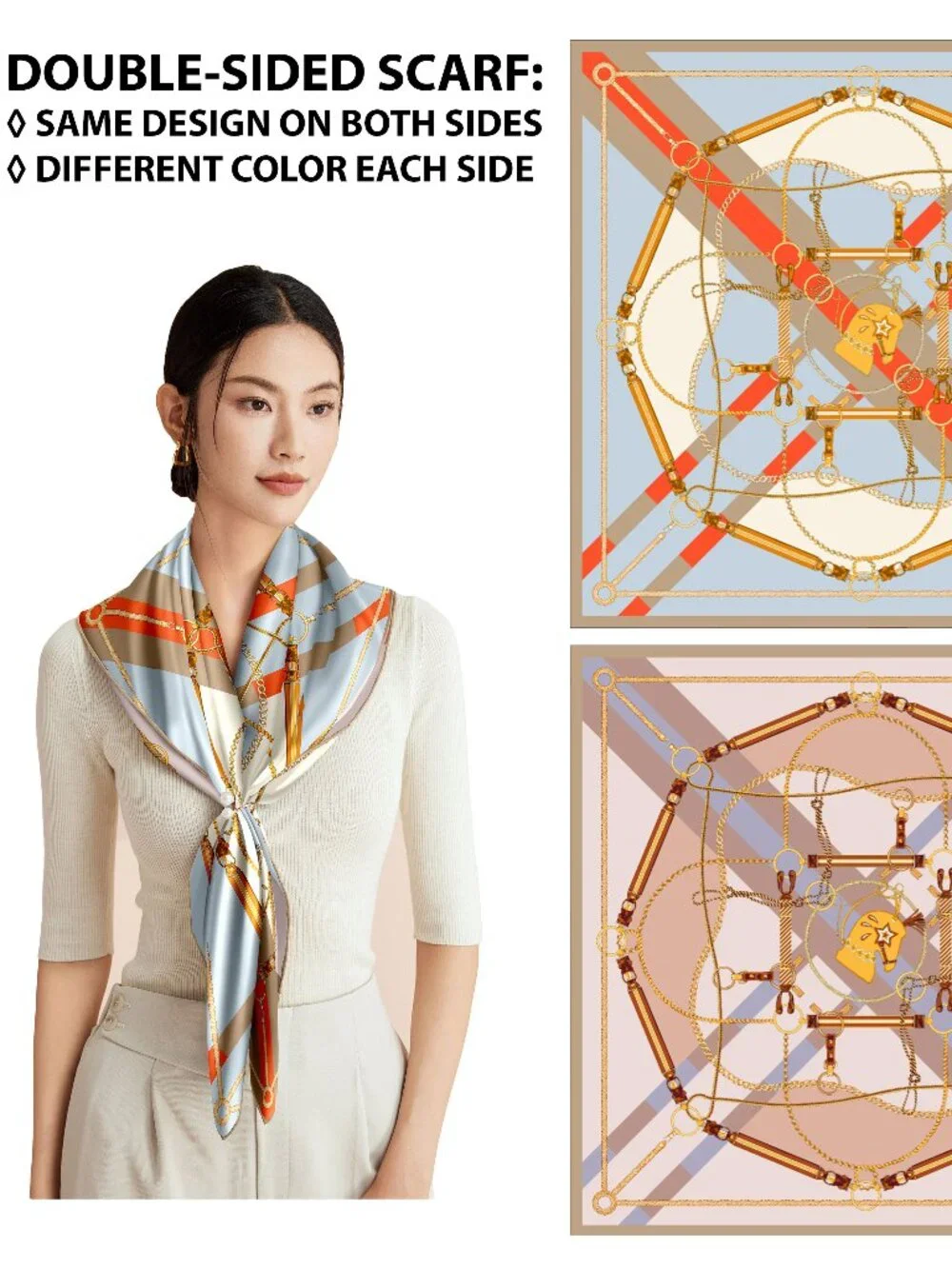 Grace Scarves 100% Silk, Double-Sided Scarf With Hand Rolled Edges, Large, Twill